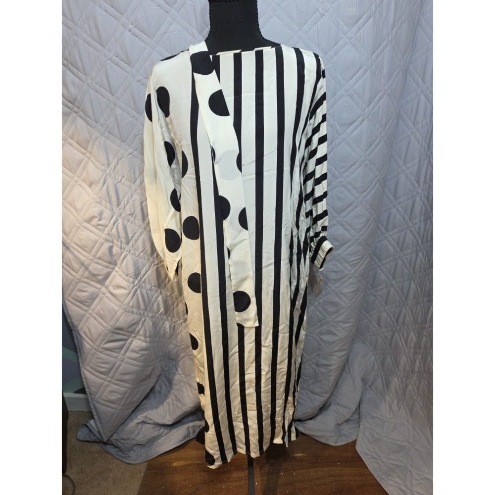 Soo Yung Lee Vintage Silk Midi Dress Black White Stripe Polka Dot Sz 6 NWT READ